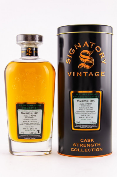 Tomintoul 1995/2019 Signatory Cask Strength Collection 23 Jahre Gereift in: Bourbon Hogsheads 36 Monate Fresh Sherry Butt Finish 708 Flaschen 53,6 % vol
