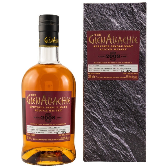 GlenAllachie 2008/2019 Rijoa Red Wine Single Cask Dest. 31.03.2008 Abgef. 08/2019 11Jahre Gereift im Rioja Red Wine Barrel Fassnr. 4419 312 Flaschen 55,9 % Vol. Fassstärke 