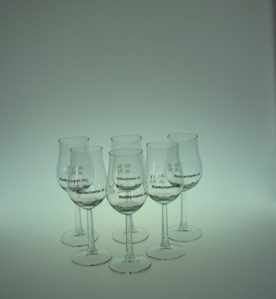 6er Pack Nosing Whisky Glas Bugatti von Rastal mit Aufdruck MaltRaritaeten.de und Eichstrichen