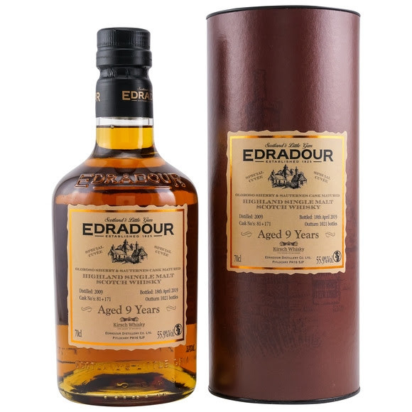 Edradour 2009/2019 Oloroso & Sauternes Cuvee 9 Jahre Cuvee aus einem Oloroso & Sauternes Fass Fassnr. 81+171 1021 Flaschen 55,9 % vol.