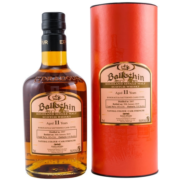 Ballechin 2007/2019 Bordeaux & Sauternes Cuvee 11 Jahre Peated Cuvee aus einem Bordeaux & Sauternes Fass Fassnr. 183+216 518 Flaschen 58,0 % vol. Fassstärke