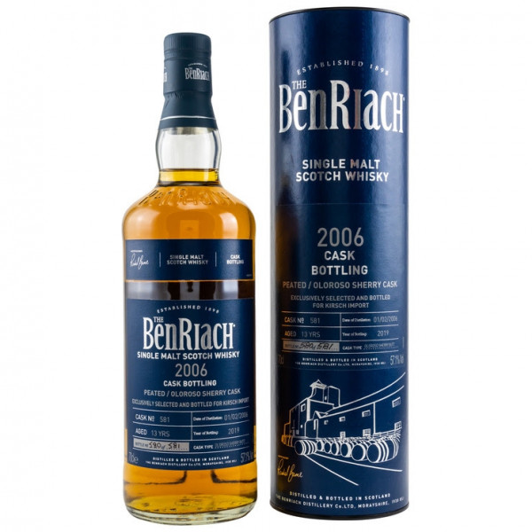 Benriach 2006/2019 Peated / Oloroso Sherry Cask Cask Bottling for Kirsch Import 13 Jahre Dest. 01.02.2006 Abgef. 2019 Peated Gereift in einem Oloroso Sherry Cask 57,1 % Vol. Fassstärke 